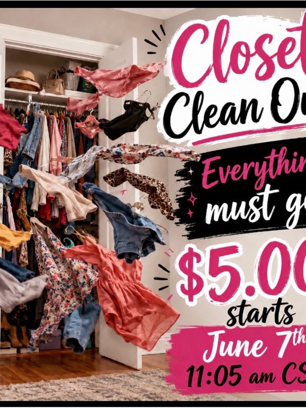 Huge, huge closet clean out sale. $5.00 starts and up to 100 beautiful pieces.